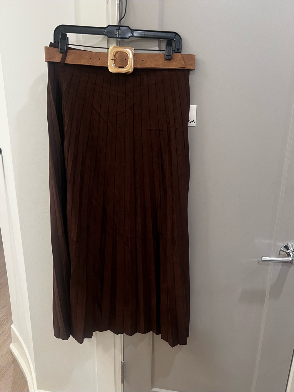 NWT Faux Suede Pleated Brown Midi Skirt with Removable Belt